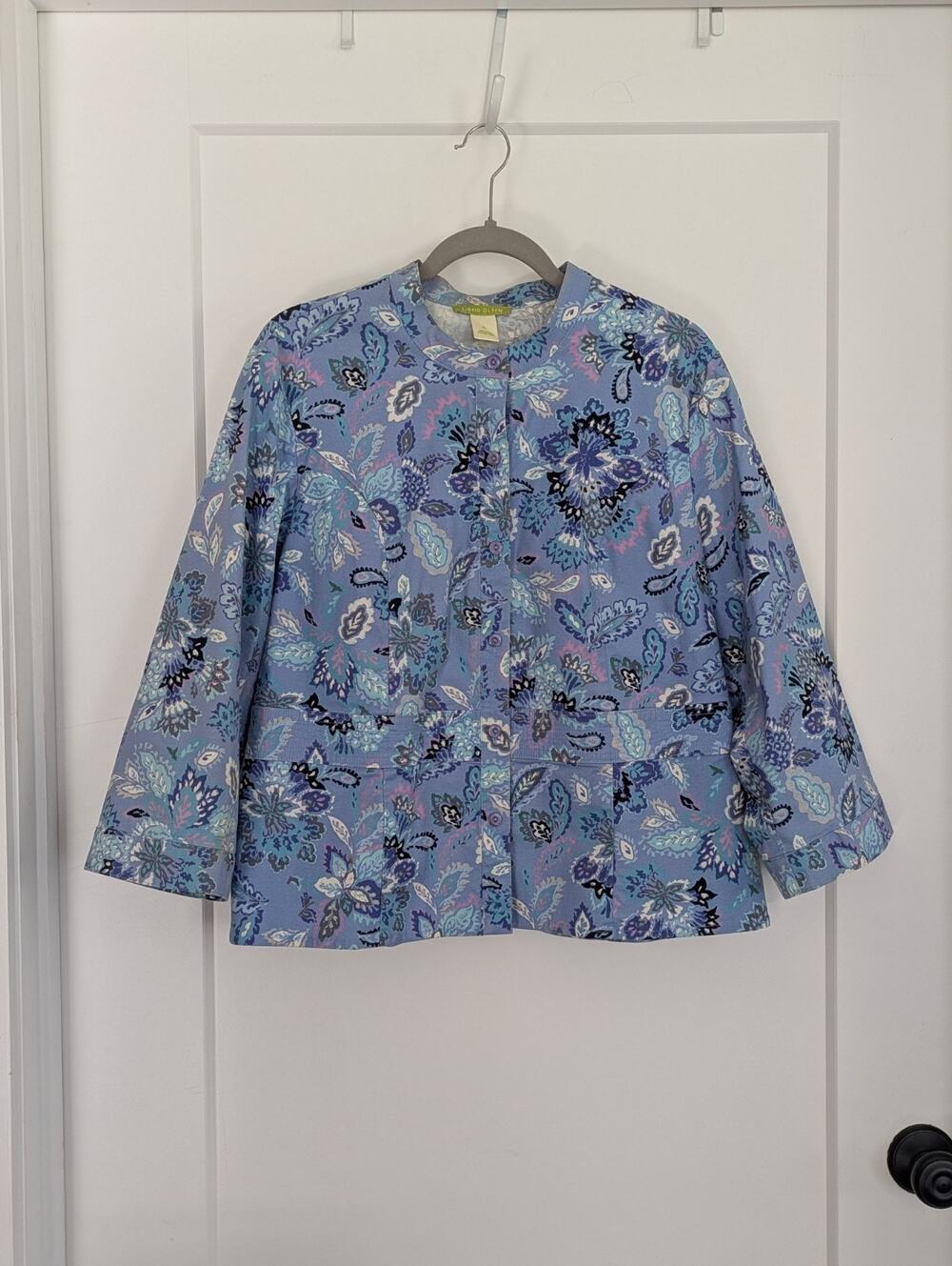 Sigrid Olsen Jacket XL Blue Paisley Floral Button Front Cotton Stretch Boho Art